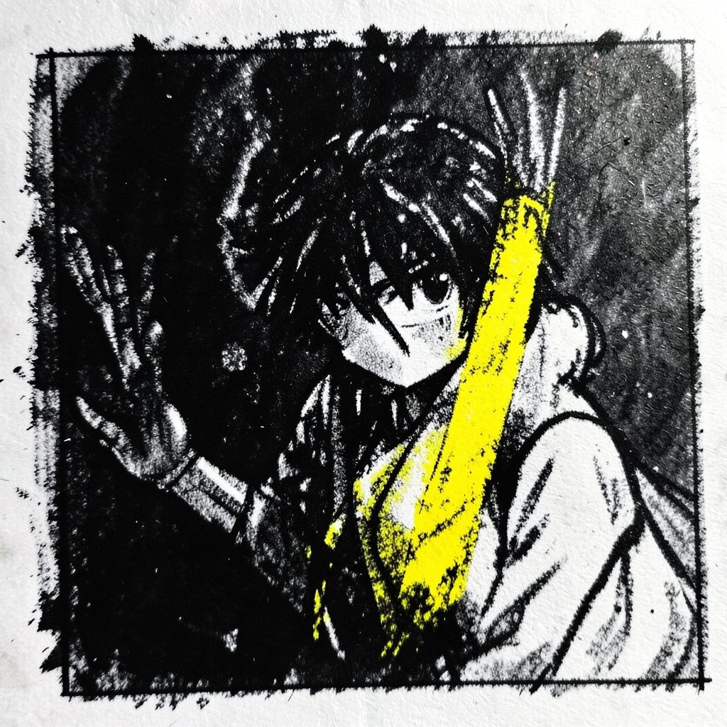 A vibrant navy-and-yellow illustration of a manga cover spotlighted by a stage light, with small starbursts suggesting popularity, drawn in bold charcoal-style lines.