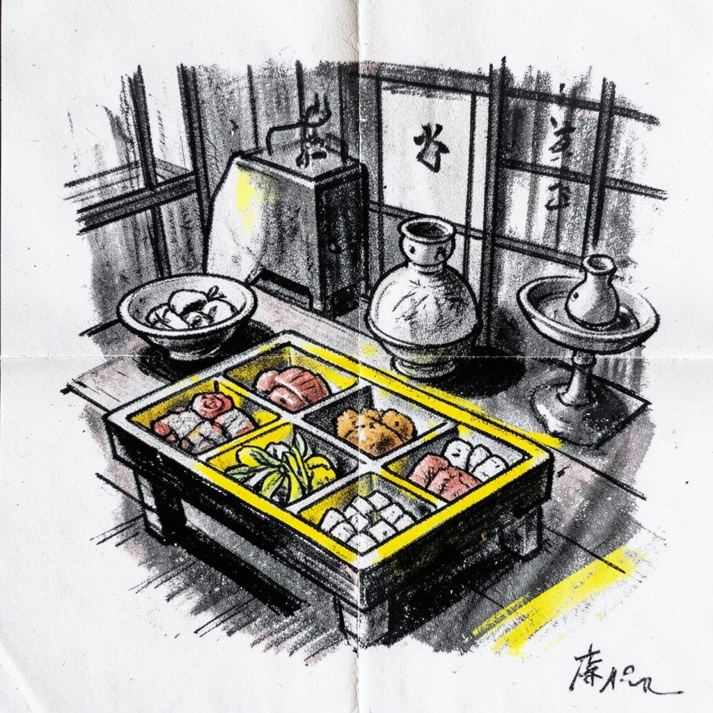 A welcoming charcoal sketch of an envelope and a small notebook on a desk, drawn in soft navy and warm yellow tones.